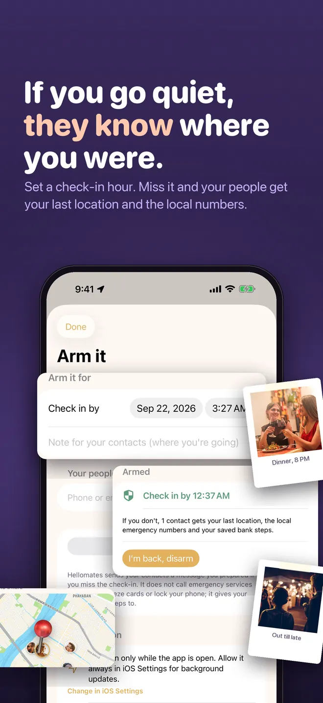 HelloMates Arm it screen: set a check-in hour; if you miss it, your contacts get your last location and the local emergency numbers