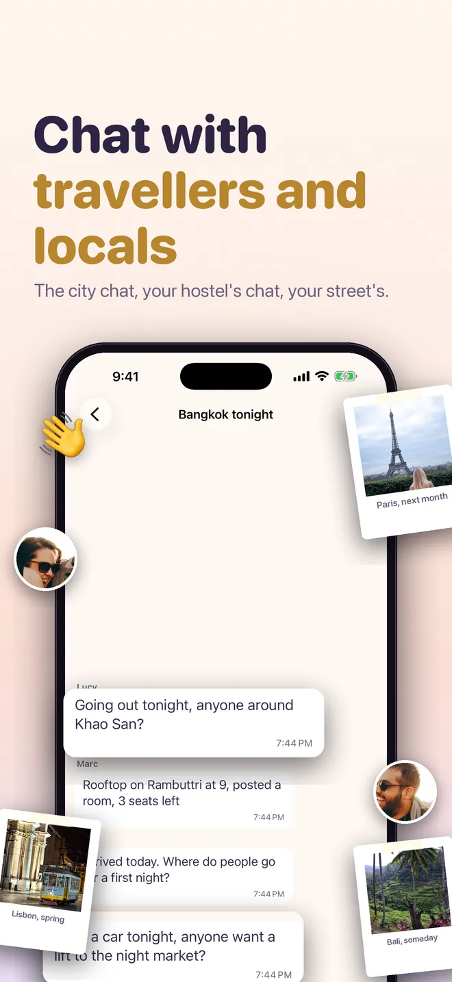 HelloMates city chat with travellers and locals, plus your hostel and street chat