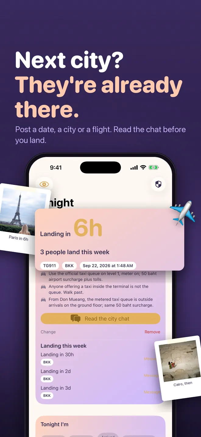 HelloMates landing screen: save your flight, see who lands this week and read the city chat before you arrive