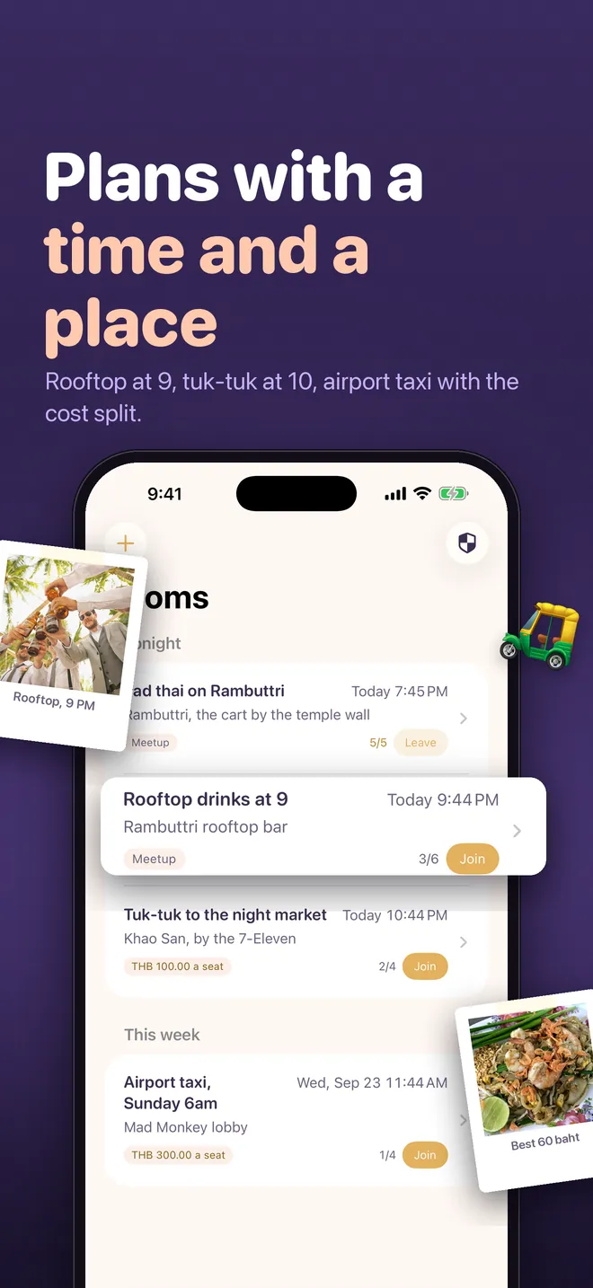 HelloMates rooms: plans like rooftop drinks or an airport taxi split, with a time, a place and a cap
