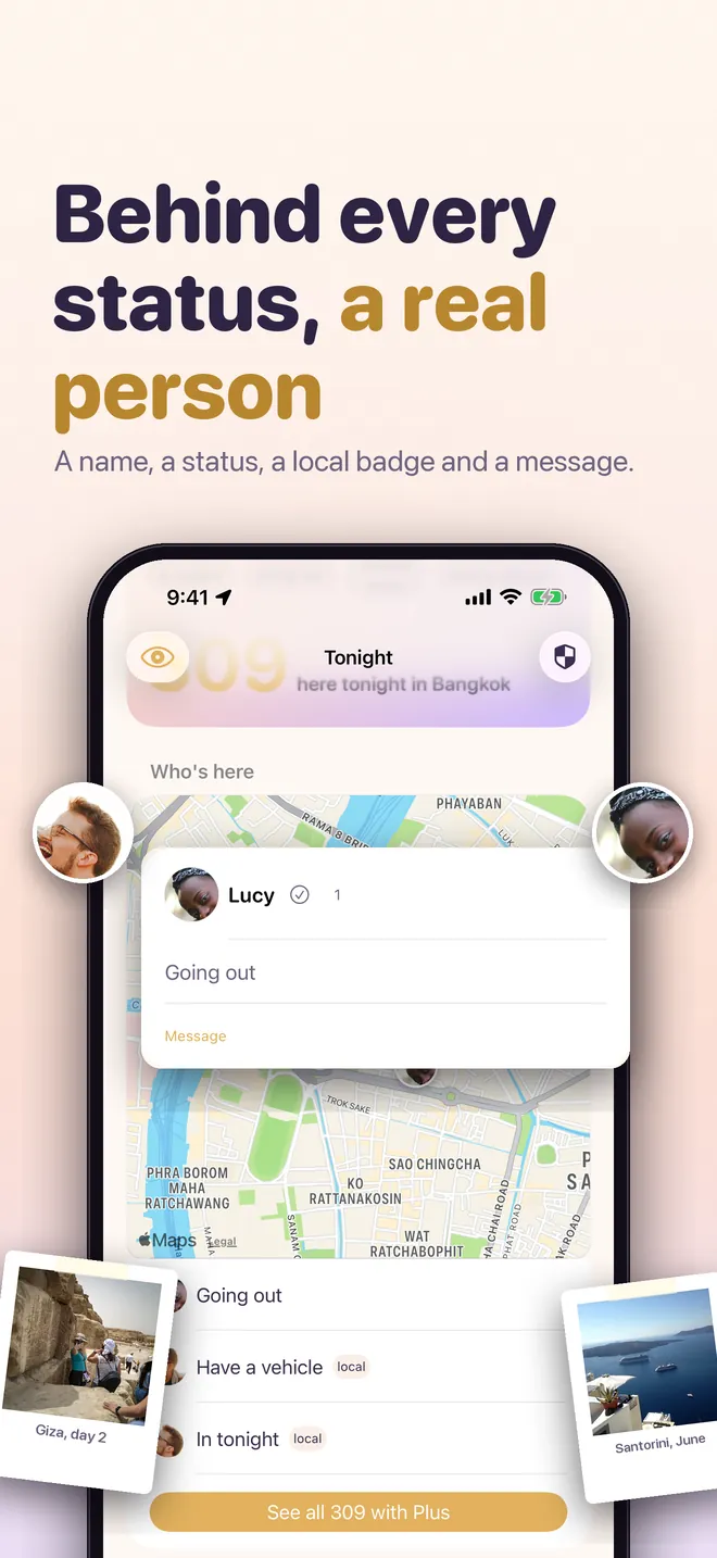 HelloMates profile card with a name, a status, a local badge and a message button