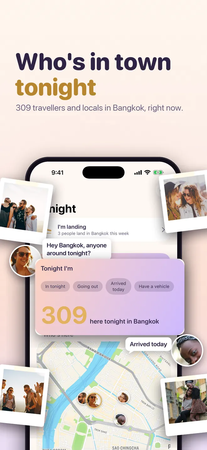 HelloMates Tonight screen: the live count of travellers and locals in the city right now, with statuses and a map